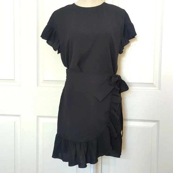 Aritzia Wilfred Ninette Crepe Faux Wrap Mini Dress Ruffles Black - Picture 2 of 7